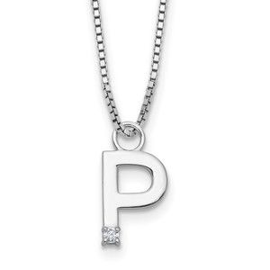 925 Sterling Silver RH-plated 18" Diamond Letter P Initial Necklace plus 2" Ext